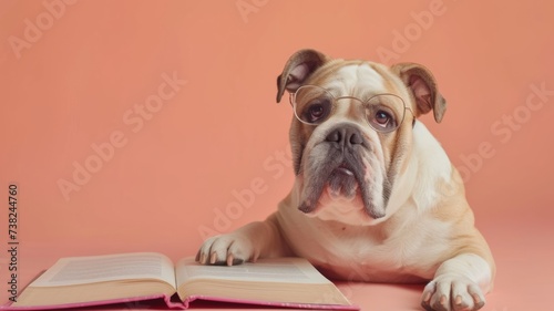 Cute dog reading the book on peach fuzz background © Werckmeister