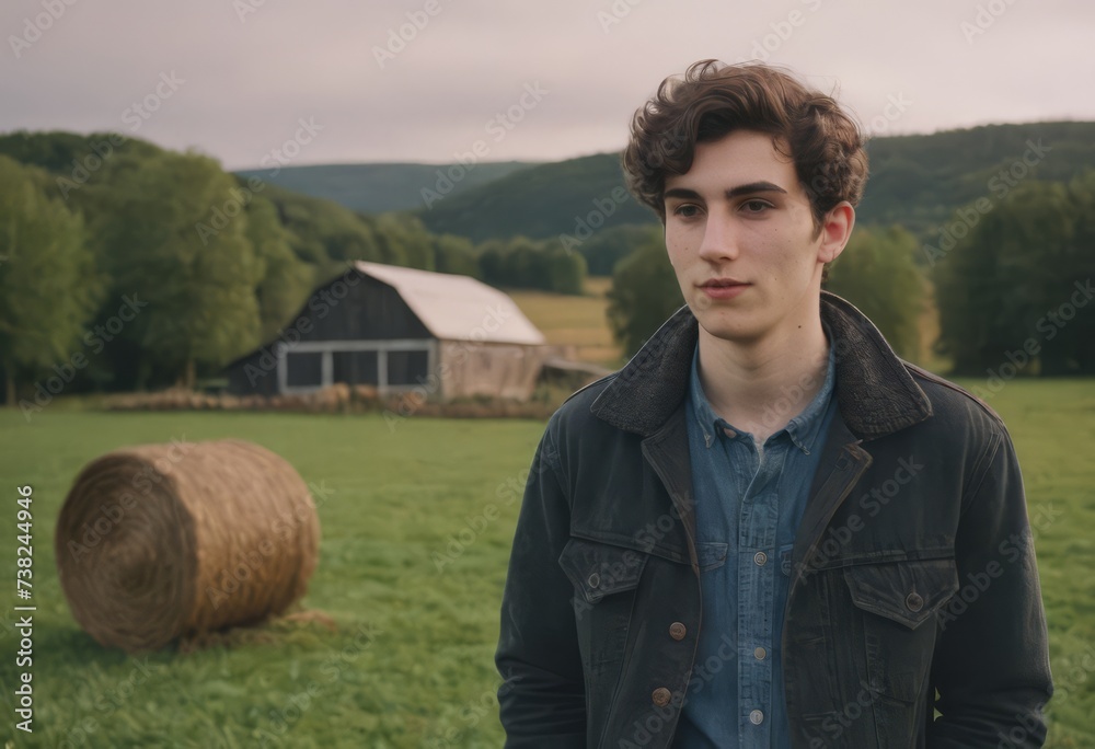 Portrait of a young male farmer, a young man, against the background of farmland Portrait of a young male farmer, a young man, against the background of farmland