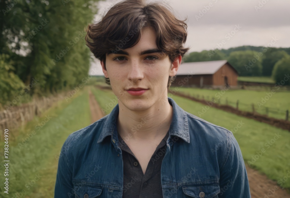 Portrait of a young male farmer, a young man, against the background of farmland