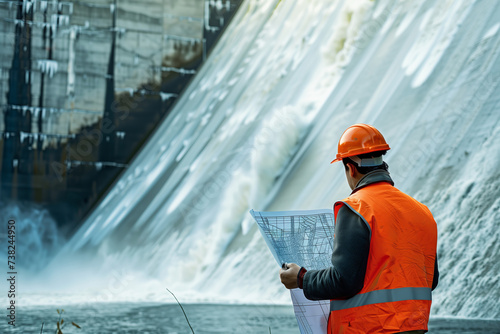 Engineer in Orange Safety Vest Inspecting Dam, Professional Expertise photo