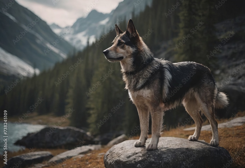 A dog, a stray. A large wolf-like animal surrounded by wild nature. A dog, a stray. A large wolf-like animal surrounded by wild nature.