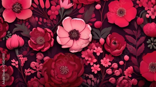 Background with different flowers in Crimson color