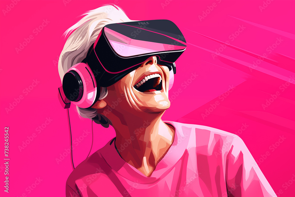 Smiling senior woman in in Virtual Reality device. Old woman grandma peering into the future with a VR headset, immersion in virtual reality, cartoon illustration Smiling senior woman in in Virtual Reality device. Old woman grandma peering into the future with a VR headset, immersion in virtual reality, cartoon illustration
