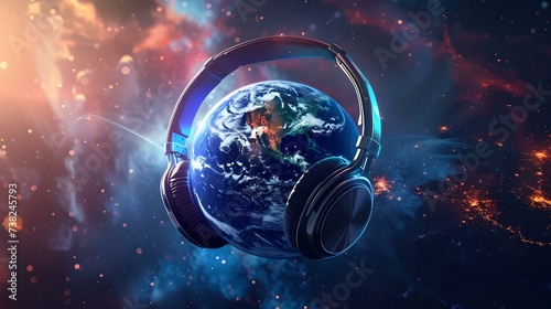 Fototapeta Naklejka Na Ścianę i Meble -  Planet earth with headphones in a cosmic setting illustrating global music connection. stunning space artwork vision for concepts. AI