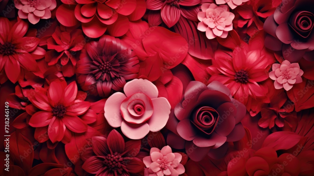 Background with different flowers in Ruby color. Background with different flowers in Ruby color.