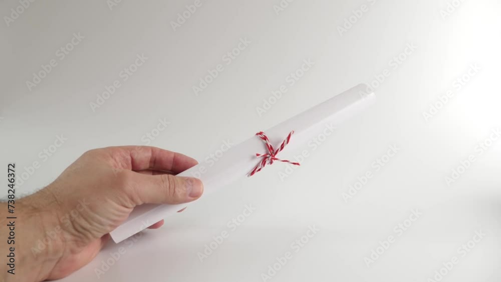 The paper is twisted into a tube and tied with a thread. The concept of a handwritten scroll, a document.
