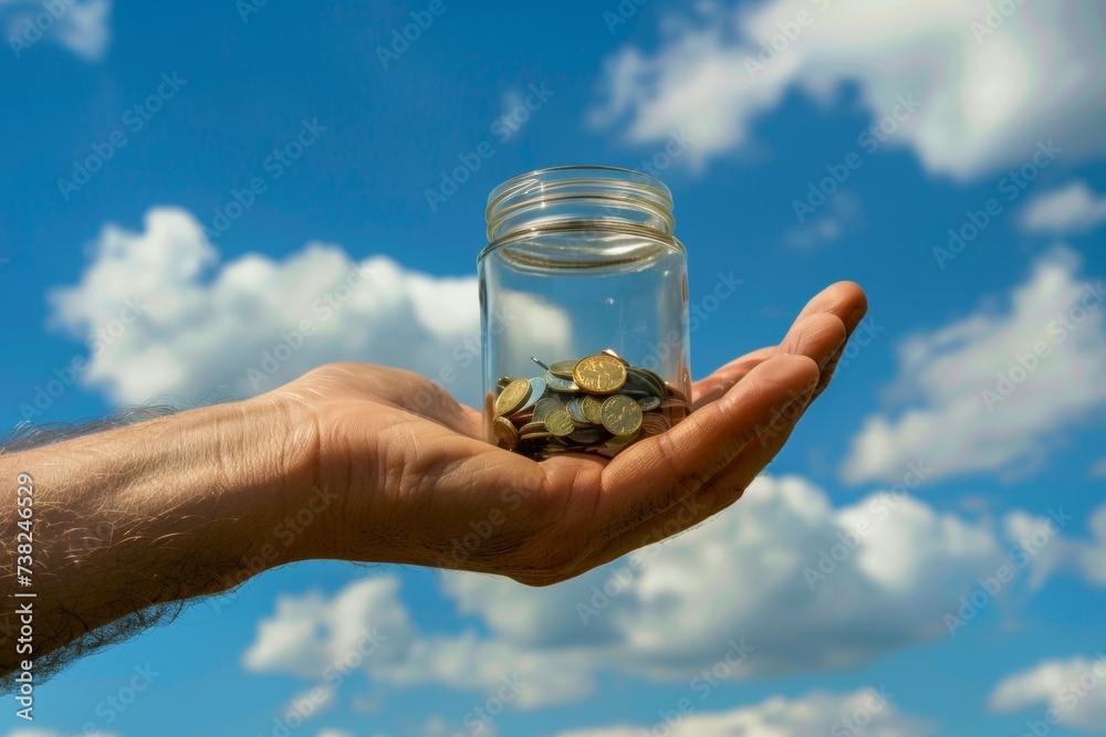 money saving and business financial concept. business man holding money in hand and putting coin increase on glass jar in the park outdoor against blue sky background.