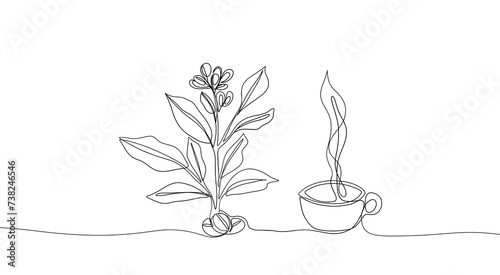 One line drawing of coffee beans and leaves. Hand drawn minimalist continuous line coffee print, natural arabica coffee concept. Vector illustration