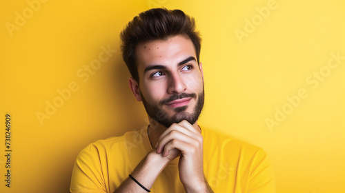 Close up portrait of thoughtful man who looking at camera touching his chin 