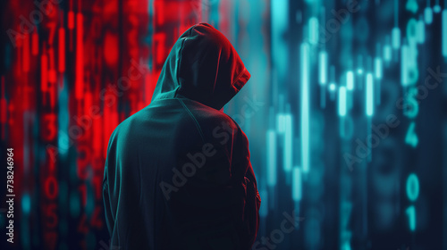 hacker without face and red and green forex trading graphic down on the background,