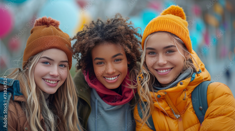 multiracial group of three teenage girls with unretouched skin chatting happily sitting on a bench outside the university campus.generative ai multiracial group of three teenage girls with unretouched skin chatting happily sitting on a bench outside the university campus.generative ai