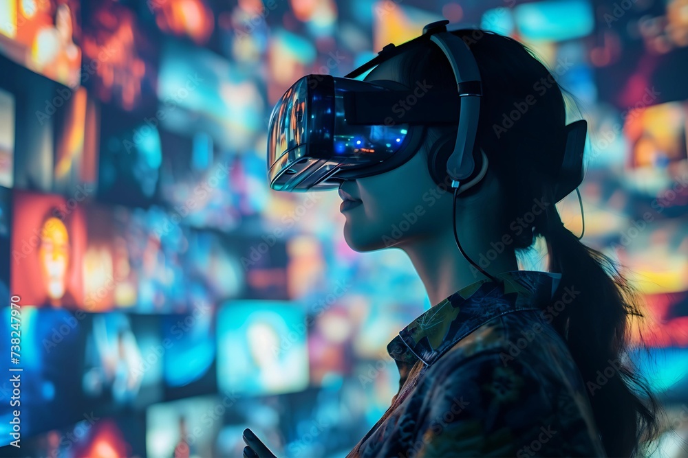 Young woman using glasses of virtual reality on colorful control room background. Monitoring and control using with VR headset, virtual reality, future technology concept. Young woman using glasses of virtual reality on colorful control room background. Monitoring and control using with VR headset, virtual reality, future technology concept.