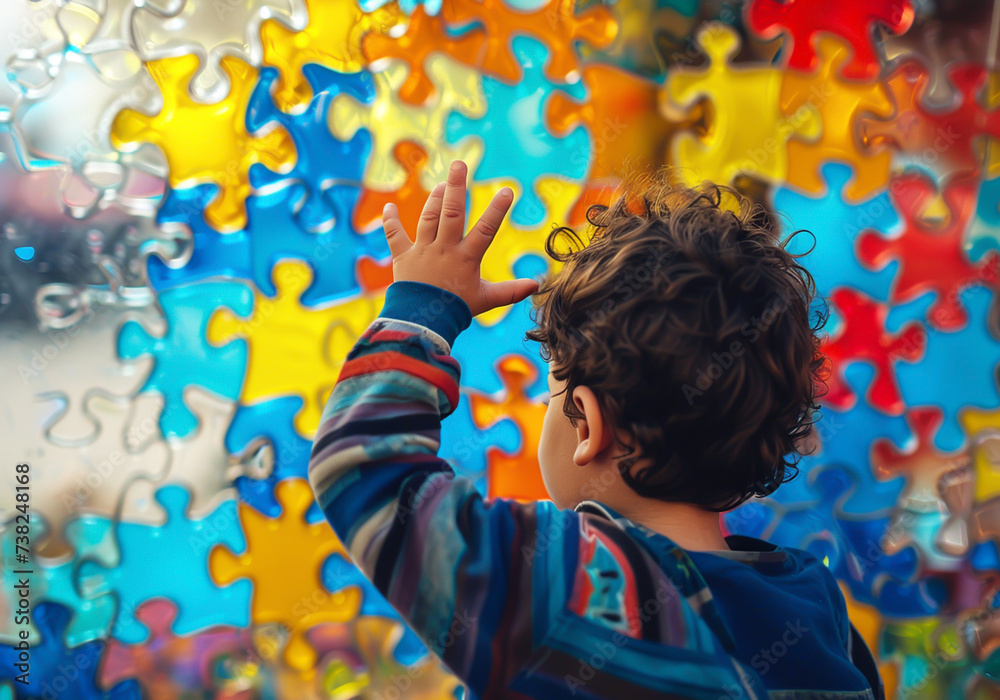 Autistic child's hand on a jigsaw puzzle background with vibrant colors. World Autism Awareness Day. AI generated Autistic child's hand on a jigsaw puzzle background with vibrant colors. World Autism Awareness Day. AI generated