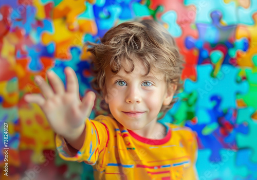 Autistic child's hand on a jigsaw puzzle background with vibrant colors. World Autism Awareness Day. AI generated