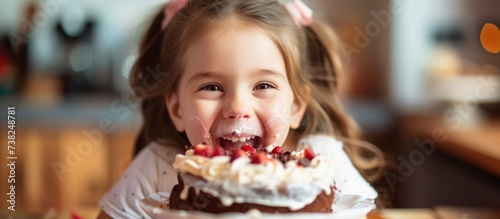 Joyful child enjoys birthday cake.