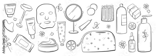 Skin care routine and hygiene concept. Beauty cosmetics icons set. Containers and Bottles with Beauty Products