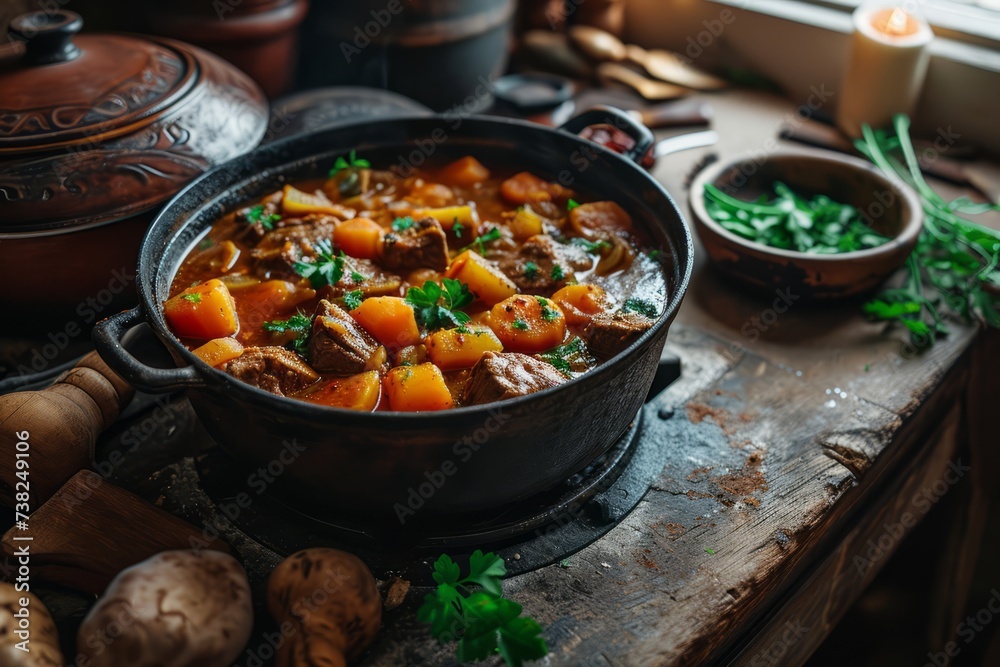 Pot of Irish Stew on Stove top food photography. Irish Stew banner postcard. St. Patrick's Day Cards & Greetings.