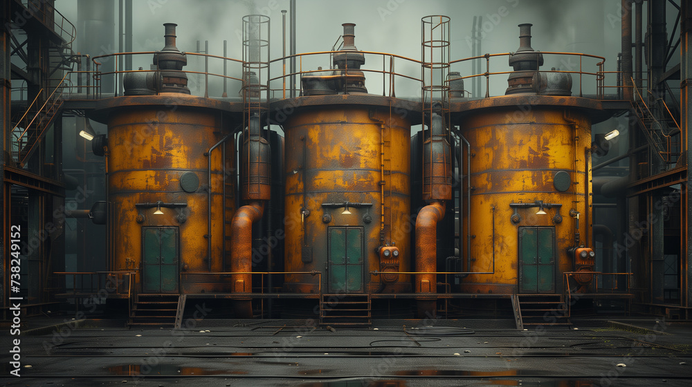 Factory with multiple yellow tanks and pipes in city, engineering fluid fixture