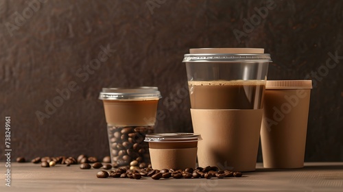 Assorted takeaway coffee cups on wooden surface with coffee beans. perfect for cafes and advertisements. simplistic design. AI