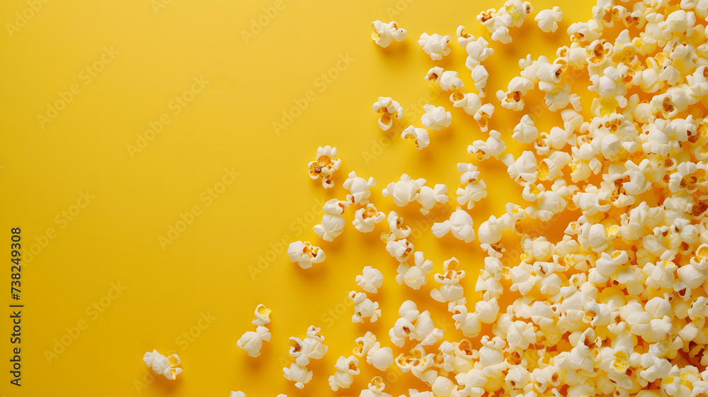 Popcorn on yellow background. Flat lay, top view, copy space