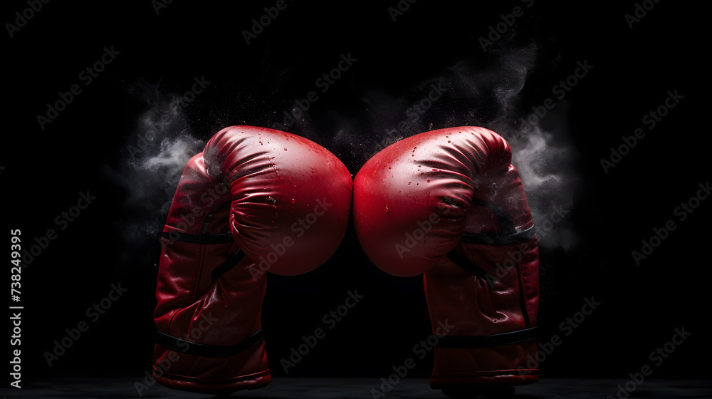 Two red boxing gloves with smoke on black background