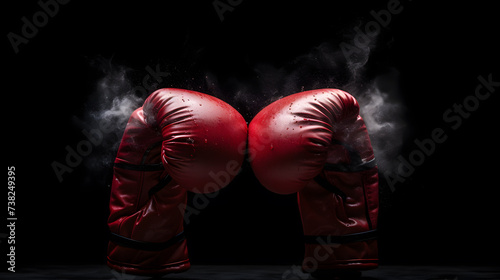 Two red boxing gloves with smoke on black background