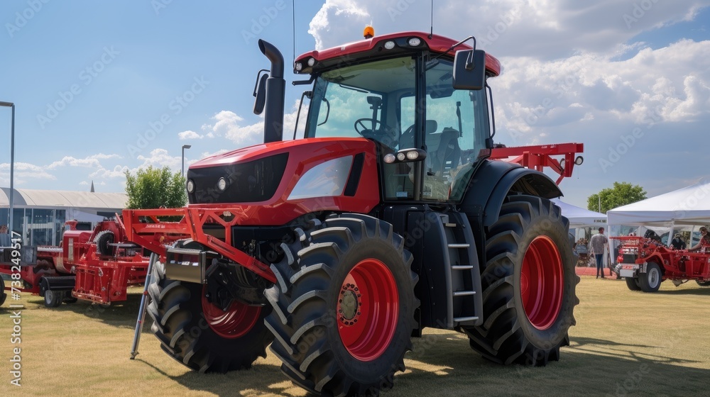 Obraz premium Many Different Tractors Standing in a Row at an Outdoor Agricultural Fair for Sale