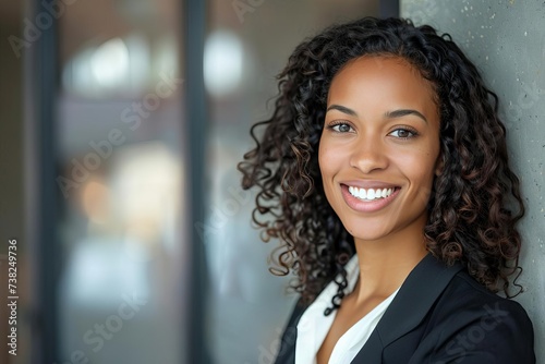 Cheerful professional woman with a focus on job opportunities or services.