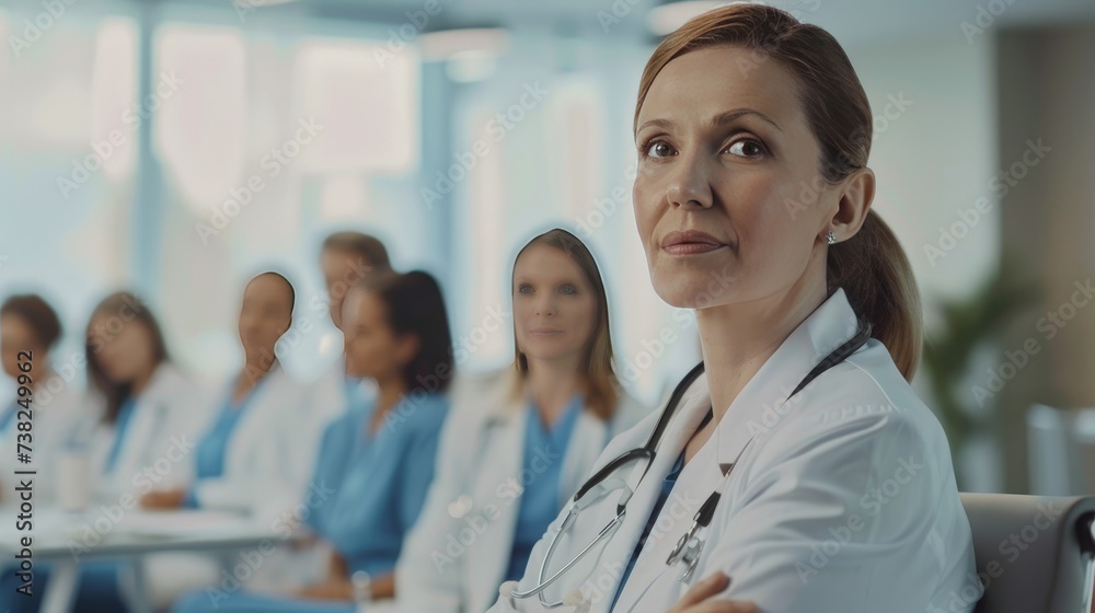 Female doctor as a speaker at a conference for healthcare workers, medical team sitting and listening to the speaker. Medical experts attending educational events, seminars in a meeting room Female doctor as a speaker at a conference for healthcare workers, medical team sitting and listening to the speaker. Medical experts attending educational events, seminars in a meeting room