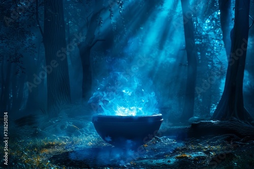 Enchanted forest cauldron Mystical blue flames Surrounded by ancient trees and fog Magic spell casting scene Fantasy night setting