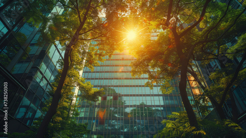 Eco-friendly building in the modern city. Sustainable glass office building with tree for reducing carbon dioxide generative ai