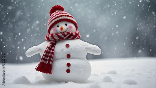 A sweet tiny snowman, dressed and decorated to perfection, stands in the snow on a picturesque winter background, perfect for text or inscriptions.