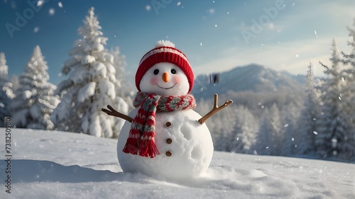 A sweet tiny snowman, dressed and decorated to perfection, stands in the snow on a picturesque winter background, perfect for text or inscriptions. © Shehzad