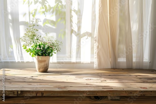 Minimalistic wooden table with natural sunlight Perfect for displaying luxury or eco-friendly products in a serene setting © Bijac