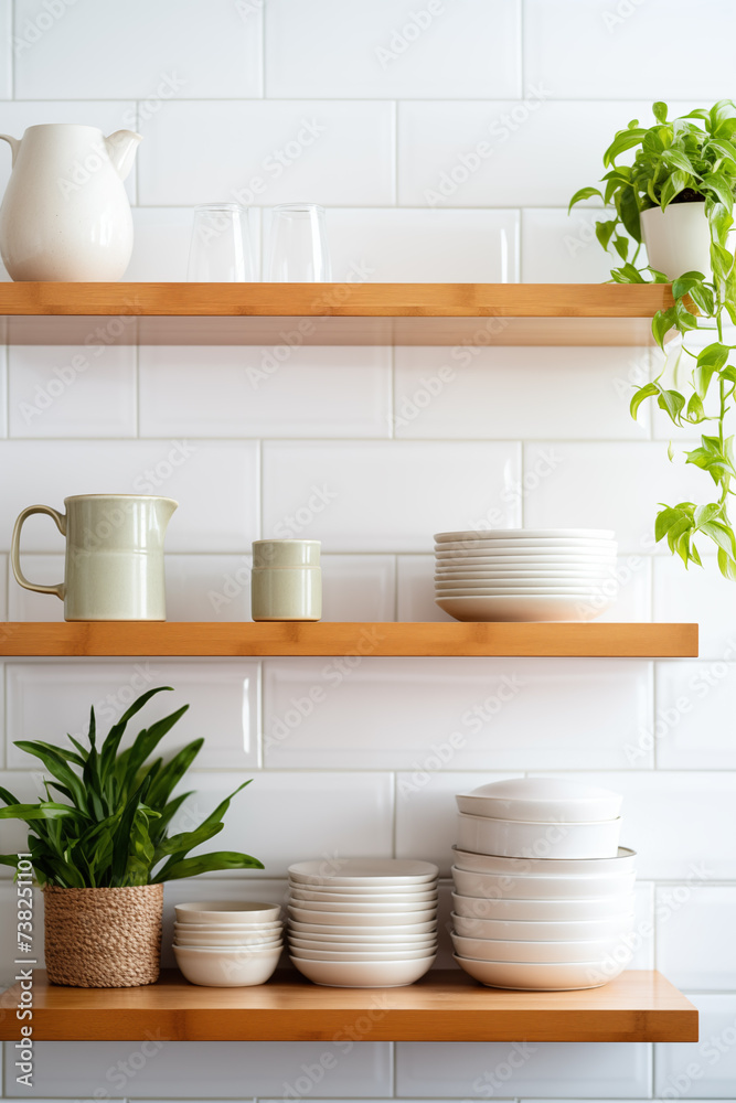 Tiled background and shelves with dishes. Different tableware backdrop. Dishes in cupboard in kitchen. Kitchenware. Kitchen interior Tiled background and shelves with dishes. Different tableware backdrop. Dishes in cupboard in kitchen. Kitchenware. Kitchen interior