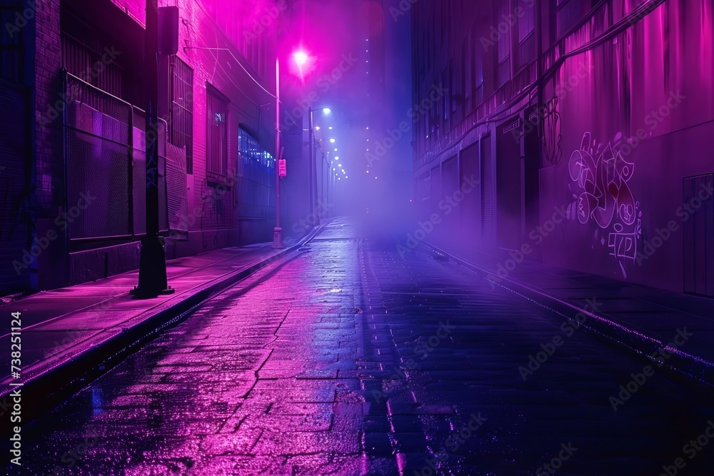 Mysterious and empty dark street with neon lights. urban night scene