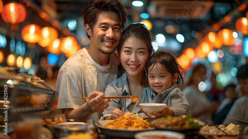 Asian family enjoy eating food on street food restaurant with crowd of people at Yaowarat road, Bangkok,generative ai