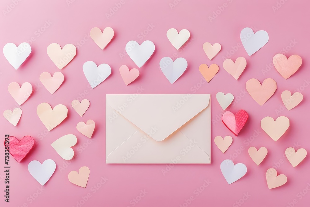Romantic love letter composition with envelope and paper craft hearts Arranged on a pink background Perfect for valentine's day or anniversaries
