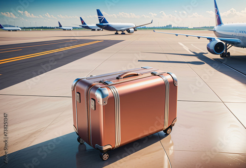 Suitcase placed on the floor, airport background