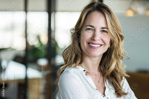 Radiant and joyful woman captured in a candid moment at the office Her genuine smile reflecting professional satisfaction and personal happiness