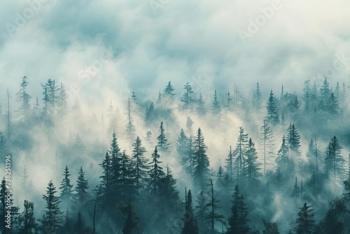Retro style misty forest landscape. vintage Ethereal nature scene © Bijac