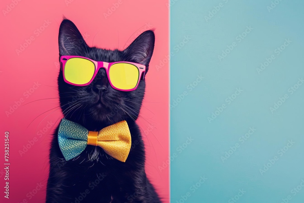Sleek black cat with neon sunglasses and a stylish bow tie