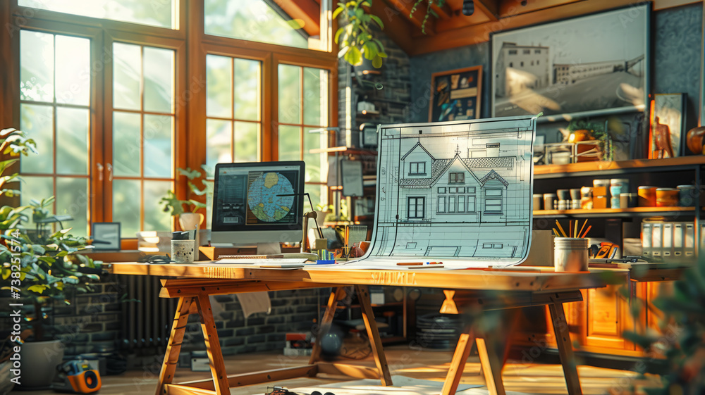 An architect's desk with sketches and drawings of a residential building. Various design elements and architectural tools visible.generative ai An architect's desk with sketches and drawings of a residential building. Various design elements and architectural tools visible.generative ai