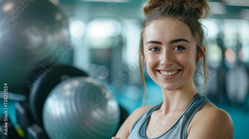 Young woman smiling at the gym, holding exercise ball. modern fitness lifestyle concept captured in natural light. promoting wellness and activity. AI © Irina Ukrainets