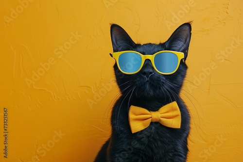 Sleek black cat with neon sunglasses and a stylish bow tie