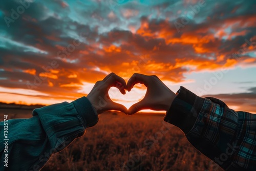 Two hands forming a heart shape against a vibrant sunset sky Conveying love Hope And connection