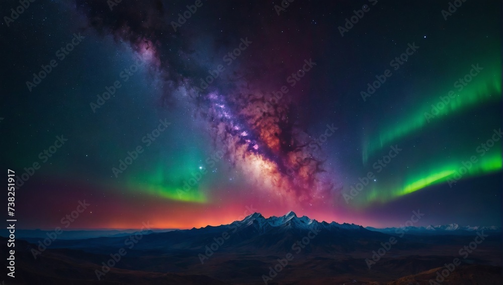 Cosmic spectacle with vibrant colors, featuring galaxy and aurora in 4K.
