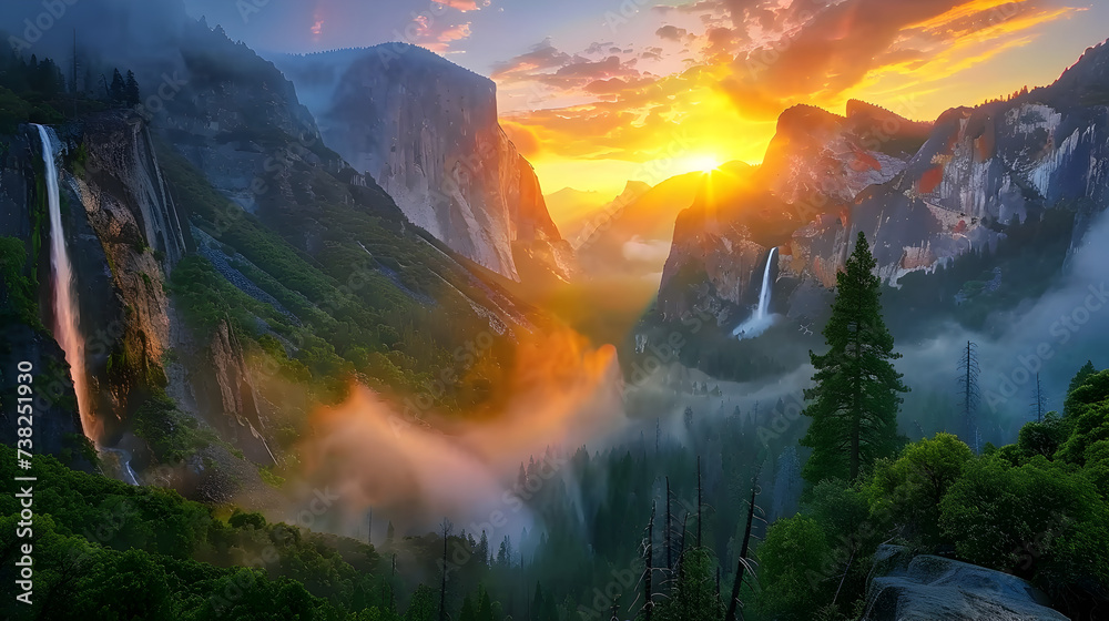Tunnel view viewpoint, yosemite national park in sunset,,
Panorama photo of yosemite national park view with waterfall yosemite valley usa