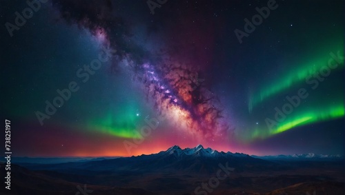 Cosmic spectacle with vibrant colors, featuring galaxy and aurora in 4K.