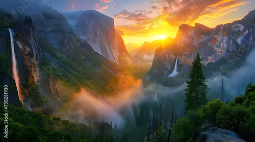 Tunnel view viewpoint  yosemite national park in sunset   Panorama photo of yosemite national park view with waterfall yosemite valley usa